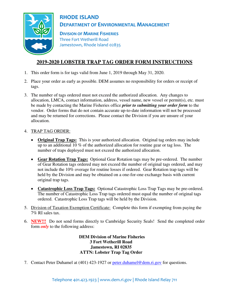 Lobster Trap Tag Order Form - Rhode Island, Page 1