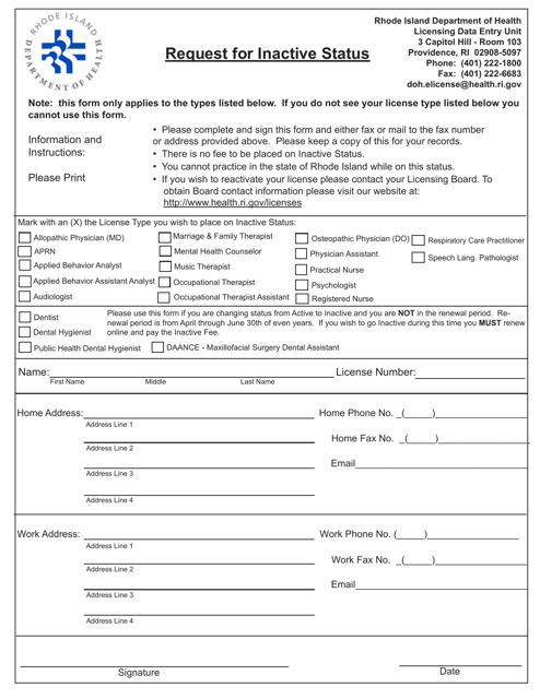 Request for Inactive Status - Rhode Island Download Pdf