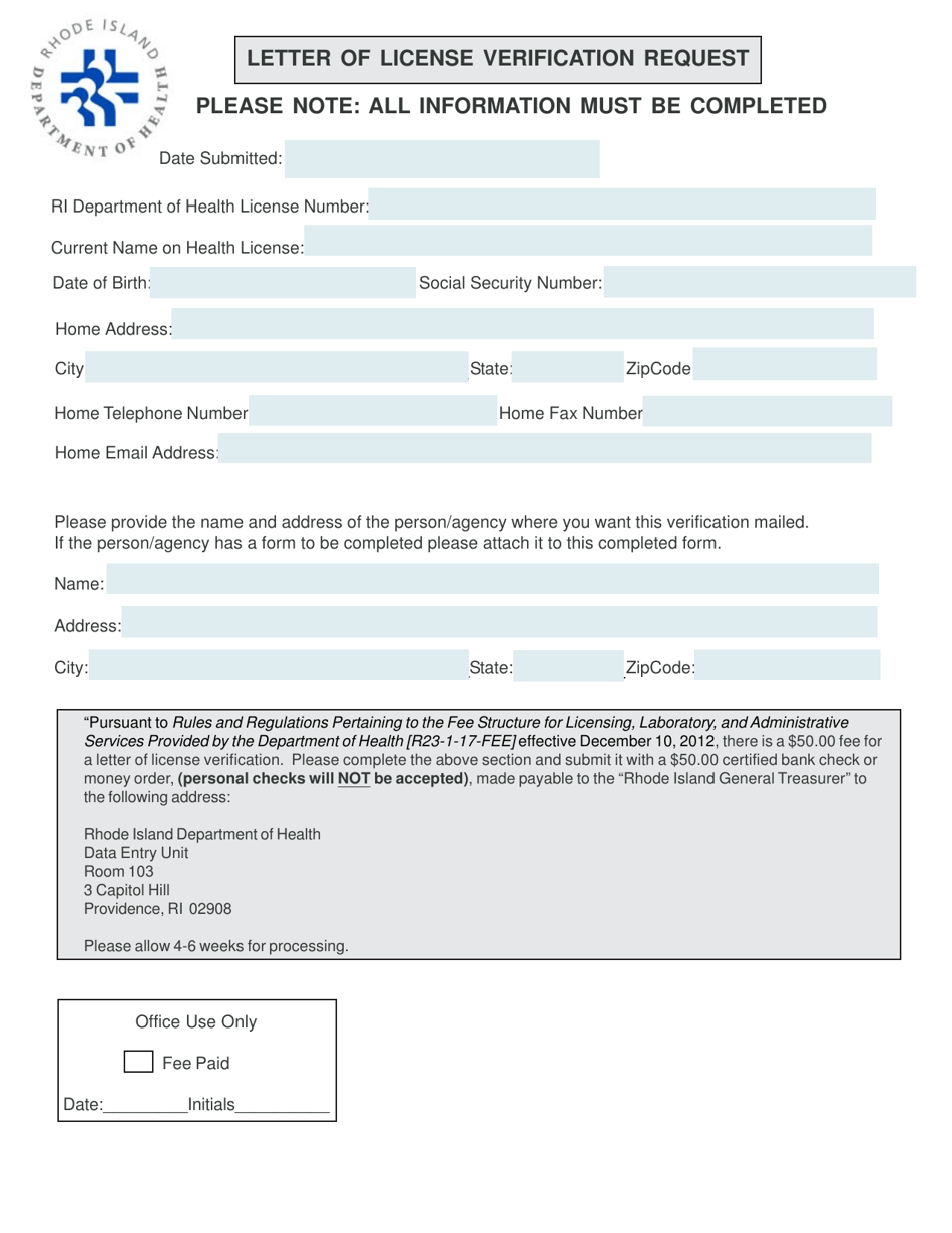 Letter of License Verification Request - Rhode Island, Page 1