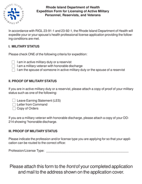 Expedition Form for Licensing of Active Military Personnel, Reservists, and Veterans - Rhode Island