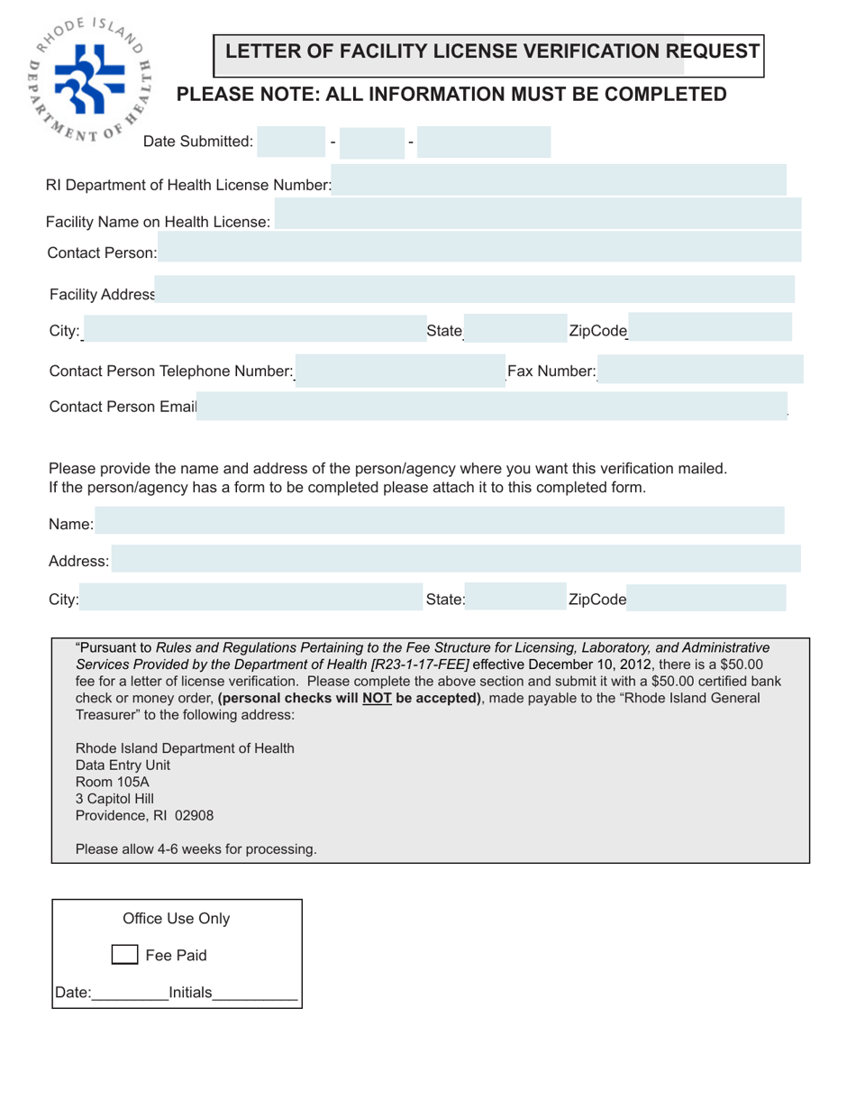 Letter of Facility License Verification Request - Rhode Island, Page 1