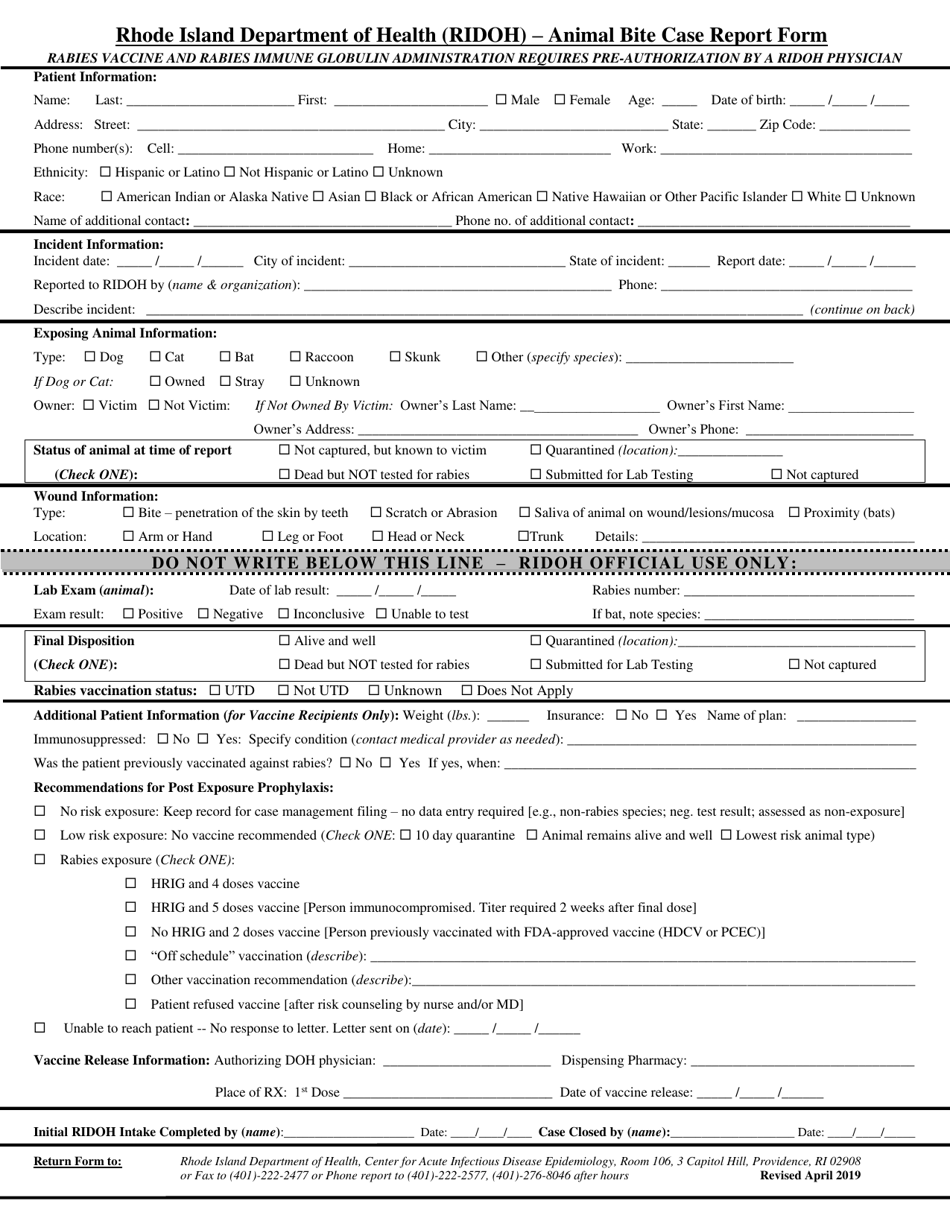 Animal Bite Case Report Form - Rhode Island, Page 1