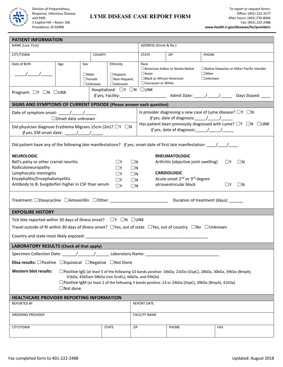 Lyme Disease Case Report Form - Rhode Island, Page 1
