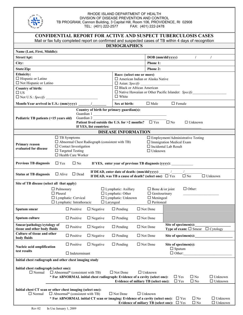 Confidential Report for Active and Suspect Tuberculosis Cases - Rhode Island, Page 1