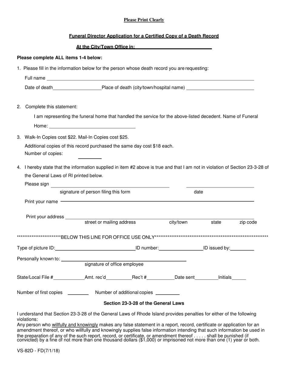 Form VS-82D-FD Funeral Director Application for a Certified Copy of a Death Record - Rhode Island, Page 1
