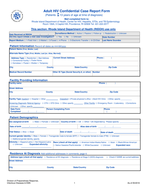 Adult HIV Confidential Case Report Form - Rhode Island Download Pdf