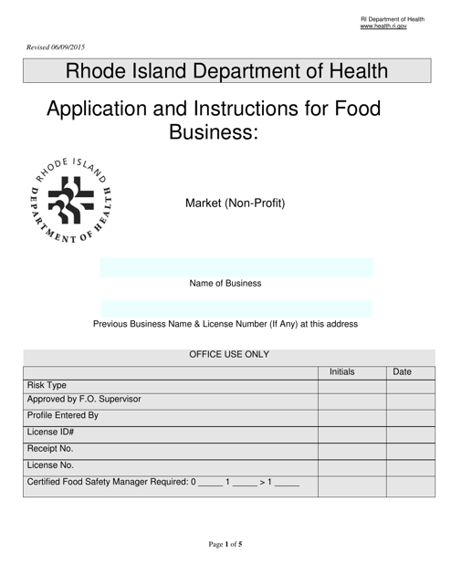 Application for Food Business: Market (Non-profit) - Rhode Island Download Pdf
