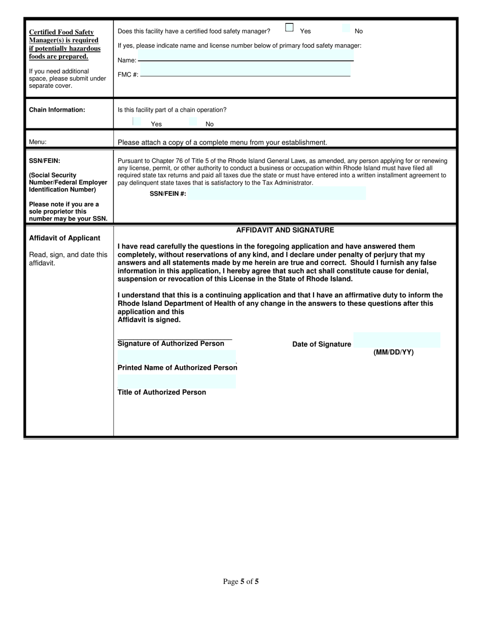 Application for Food Business: Market (Non-profit) - Rhode Island, Page 5