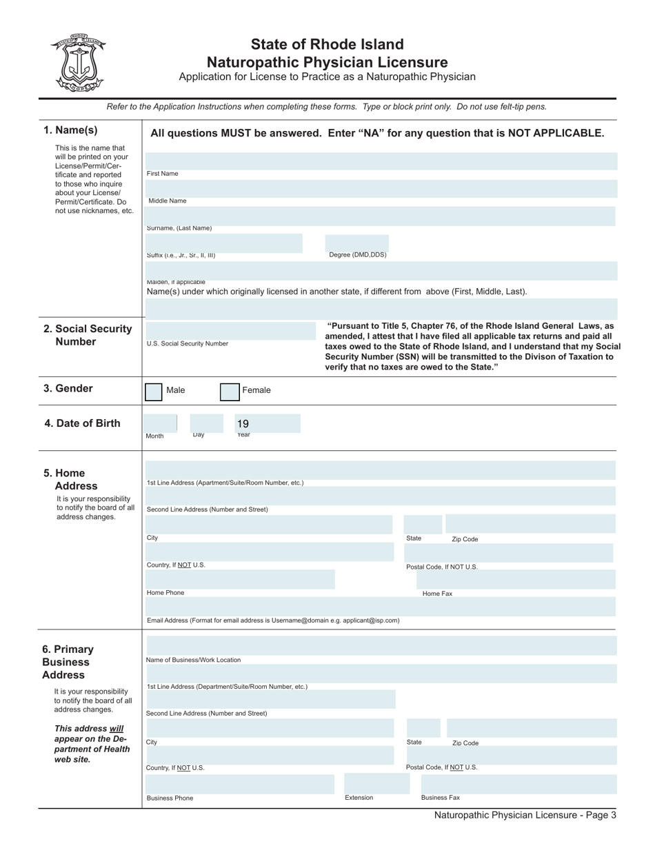Application for License to Practice as a Naturopathic Physician - Rhode Island, Page 3