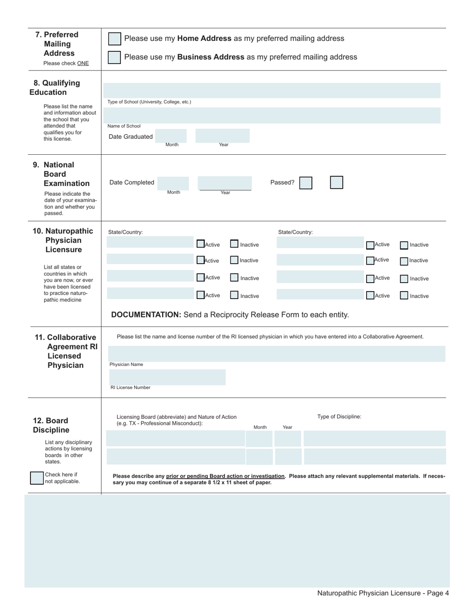Application for License to Practice as a Naturopathic Physician - Rhode Island, Page 4