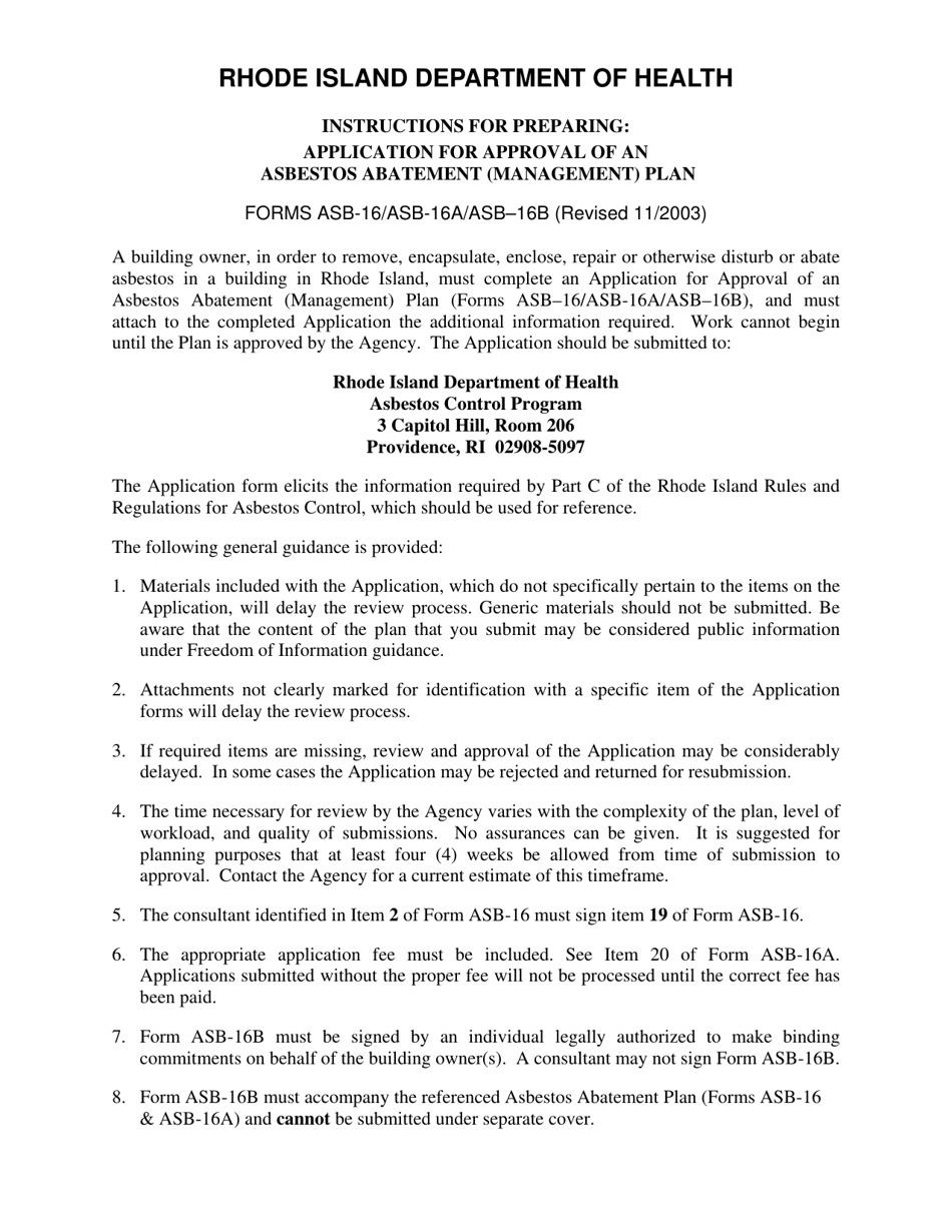 Form ASB-16 Application for Approval of an Asbestos Abatement Plan - Rhode Island, Page 1