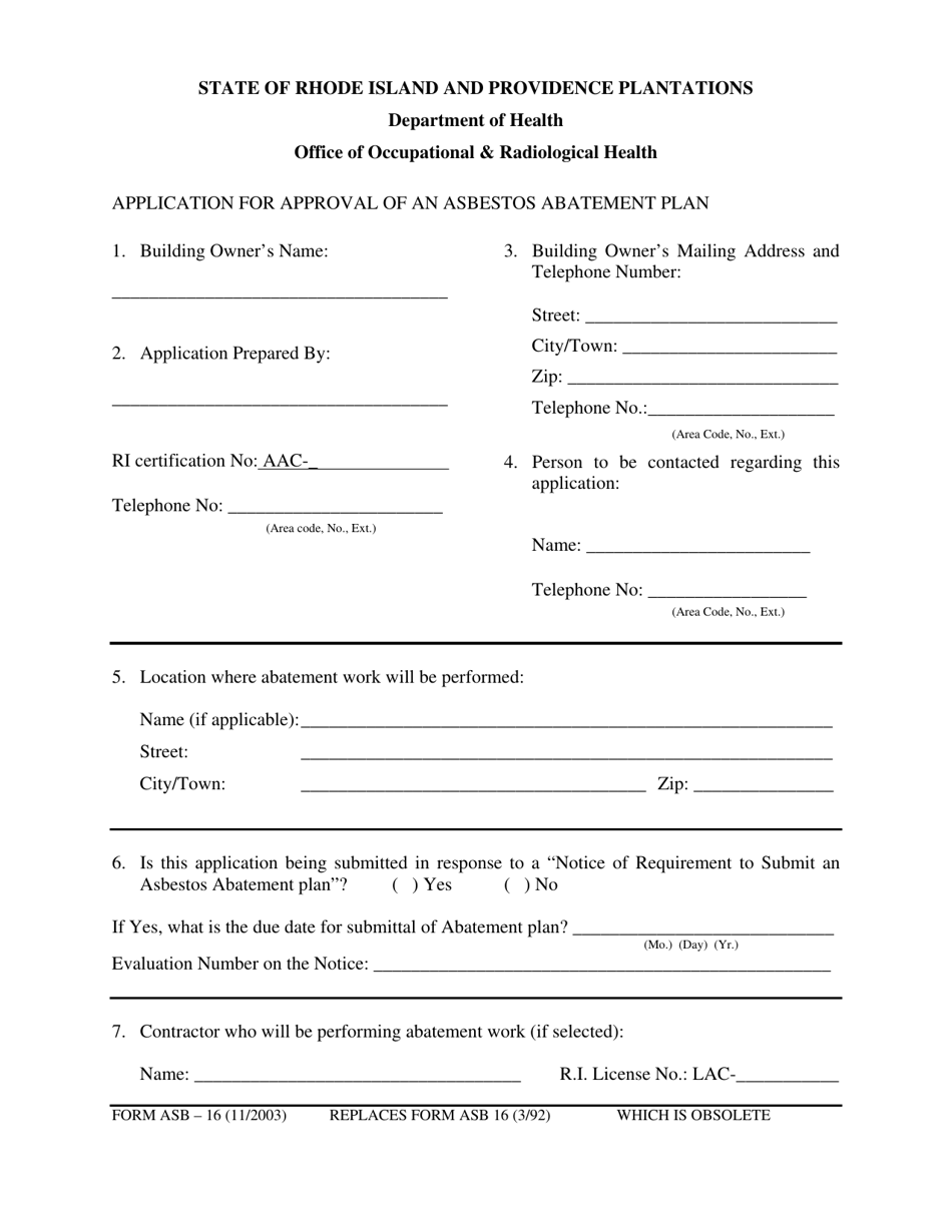 Form ASB-16 Application for Approval of an Asbestos Abatement Plan - Rhode Island, Page 2