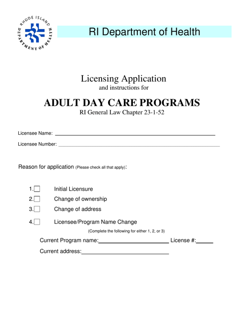 Licensing Application for Adult Day Care Programs - Rhode Island Download Pdf