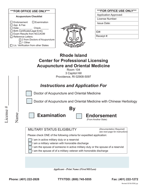 Application for a License as a Doctor of Acupuncture and Oriental Medicine - Rhode Island Download Pdf