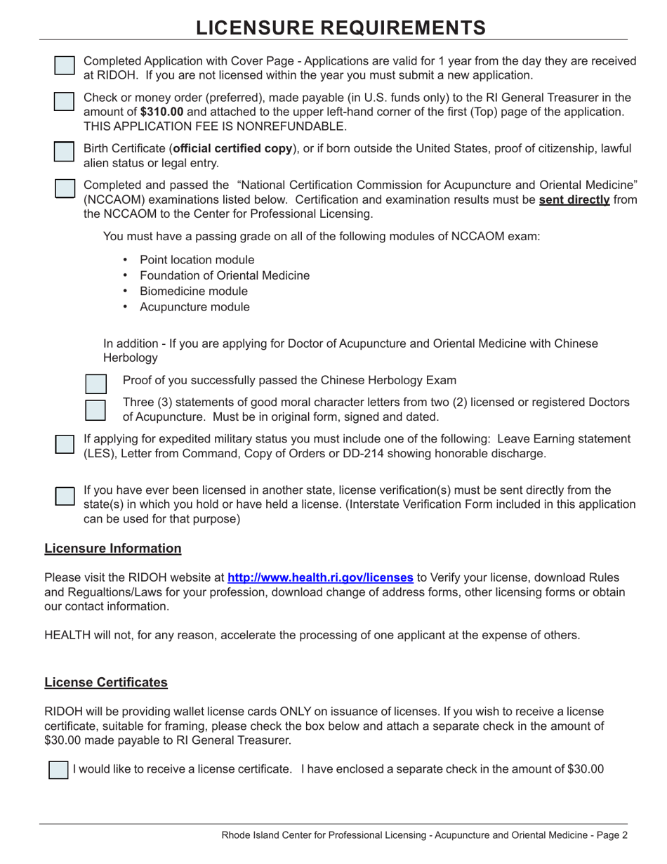 Application for a License as a Doctor of Acupuncture and Oriental Medicine - Rhode Island, Page 2