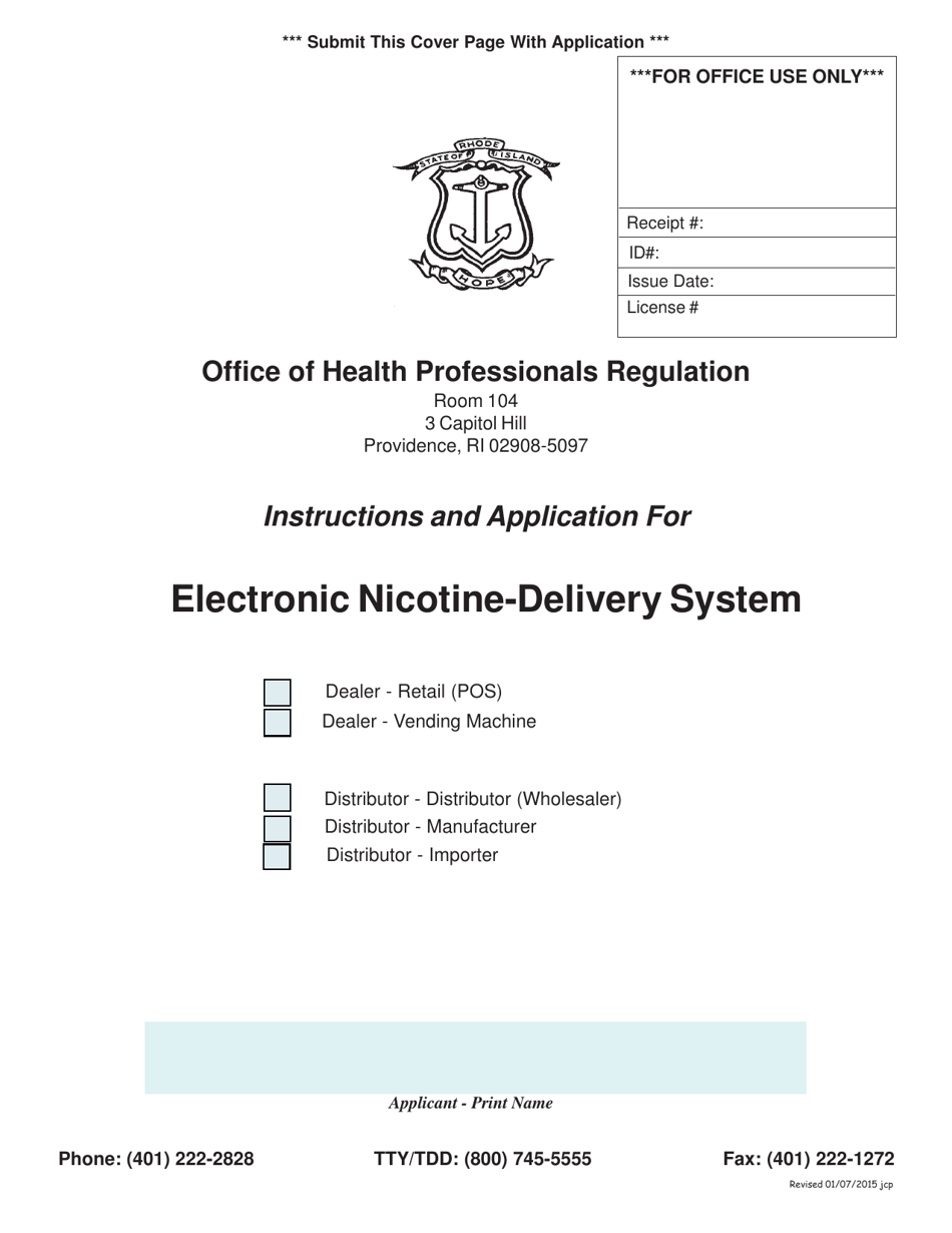 Application for Electronic Nicotine-Deliver System - Rhode Island, Page 1