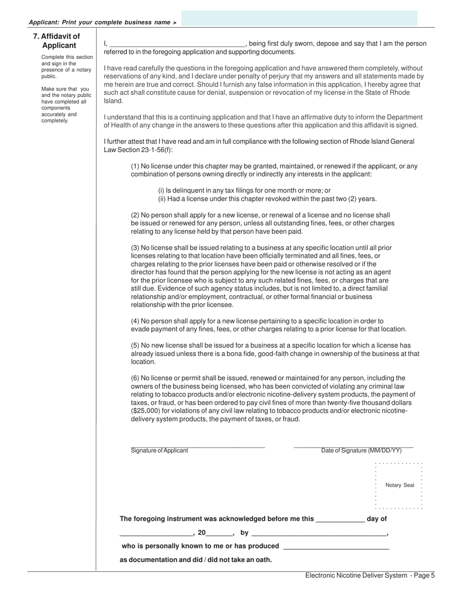 Application for Electronic Nicotine-Deliver System - Rhode Island, Page 5