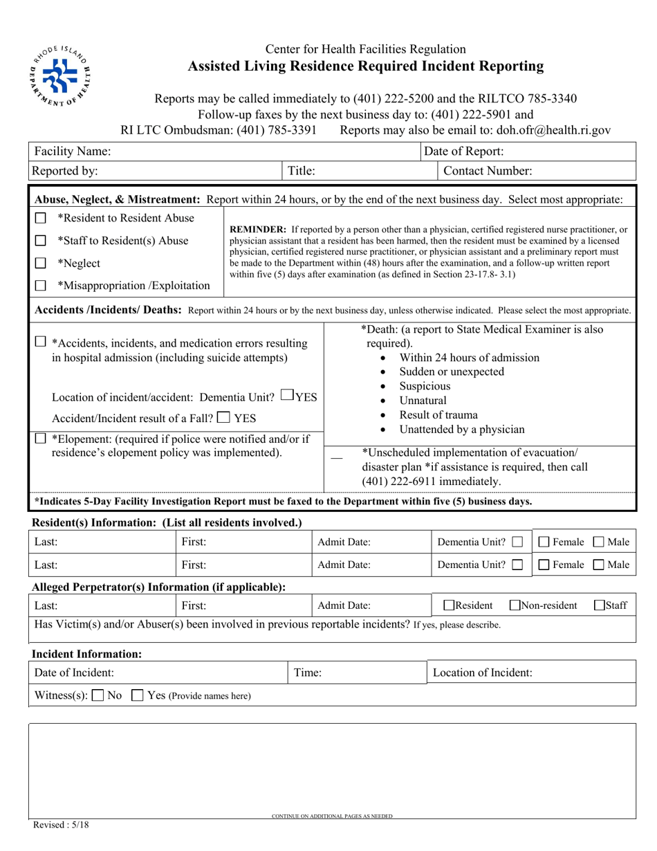 Assisted Living Residence Required Incident Reporting - Rhode Island, Page 1