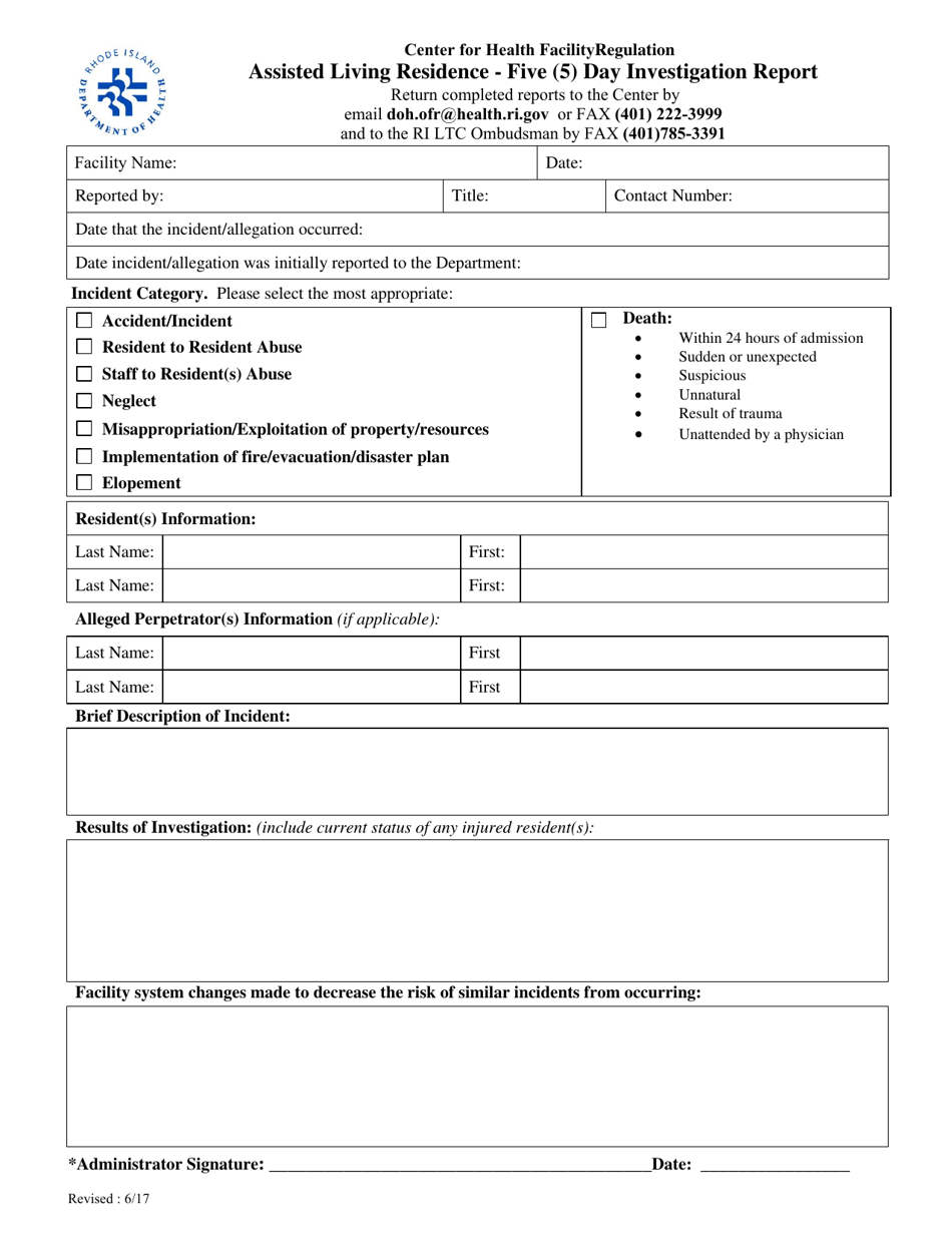 Assisted Living Residence - Five (5) Day Investigation Report - Rhode Island, Page 1