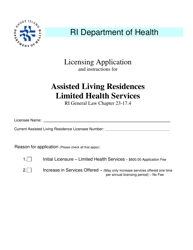 Document preview: Licensing Application for Assisted Living Residences Limited Health Services - Rhode Island