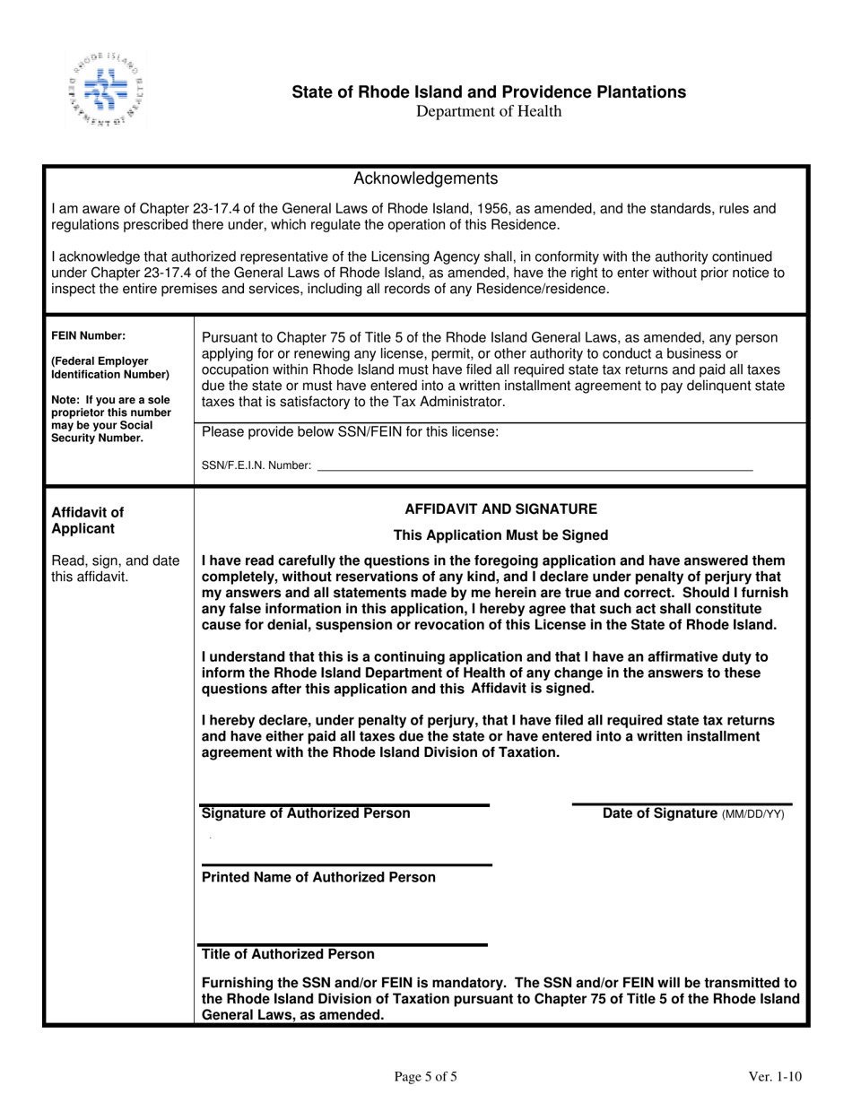 Licensing Application for Assisted Living Residences - Rhode Island, Page 5
