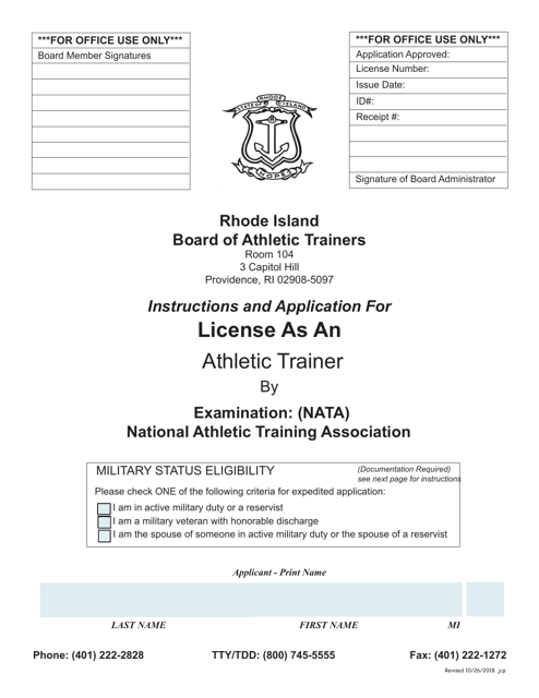 Application for License as an Athletic Trainer by Examination: (Nata) National Athletic Training Association - Rhode Island Download Pdf