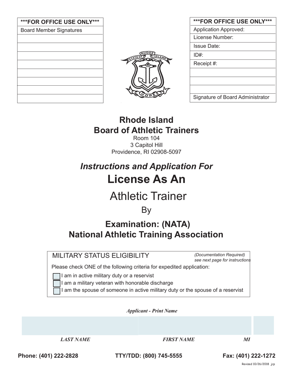 Rhode Island Application for License as an Athletic Trainer by