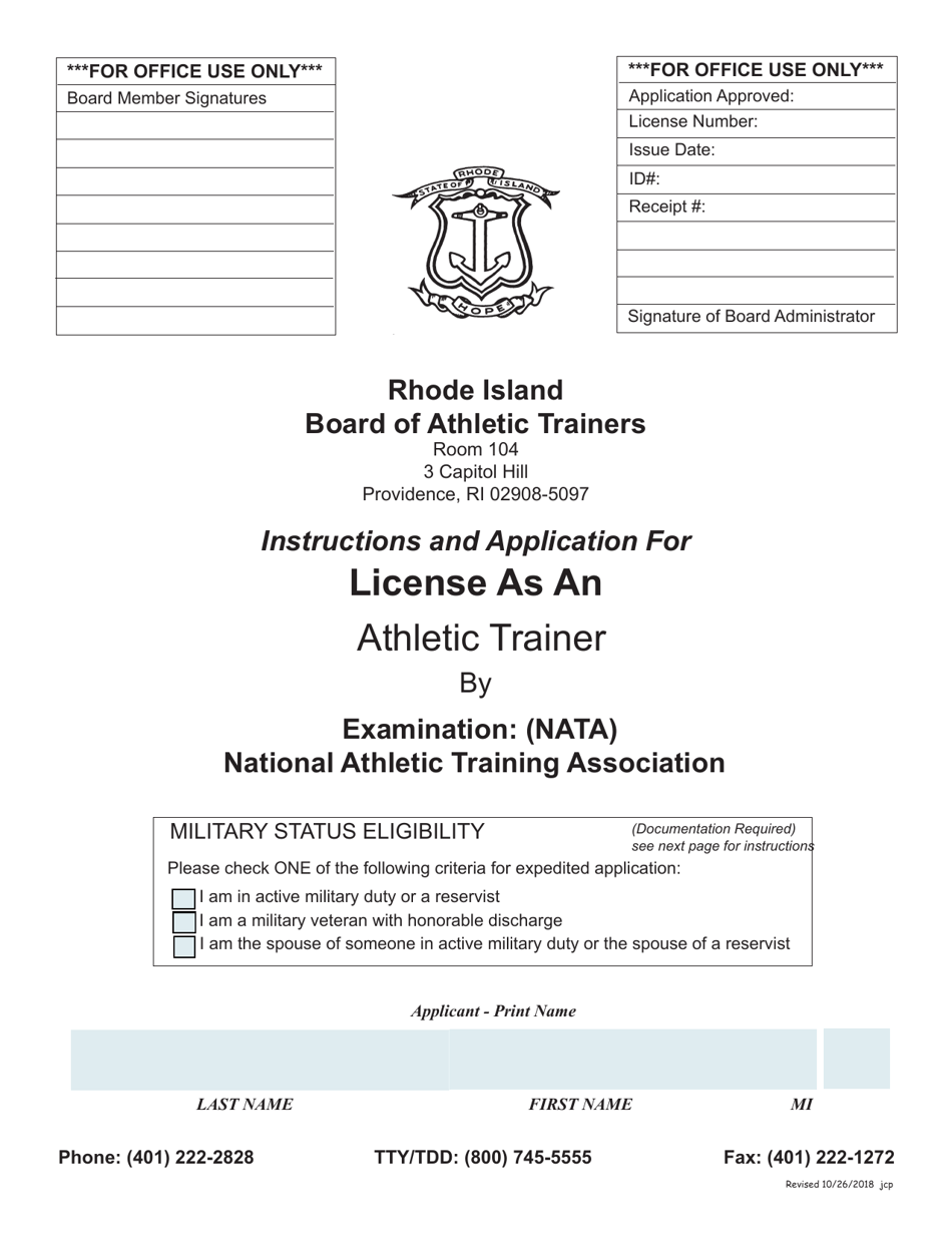 Application for License as an Athletic Trainer by Examination: (Nata) National Athletic Training Association - Rhode Island, Page 1