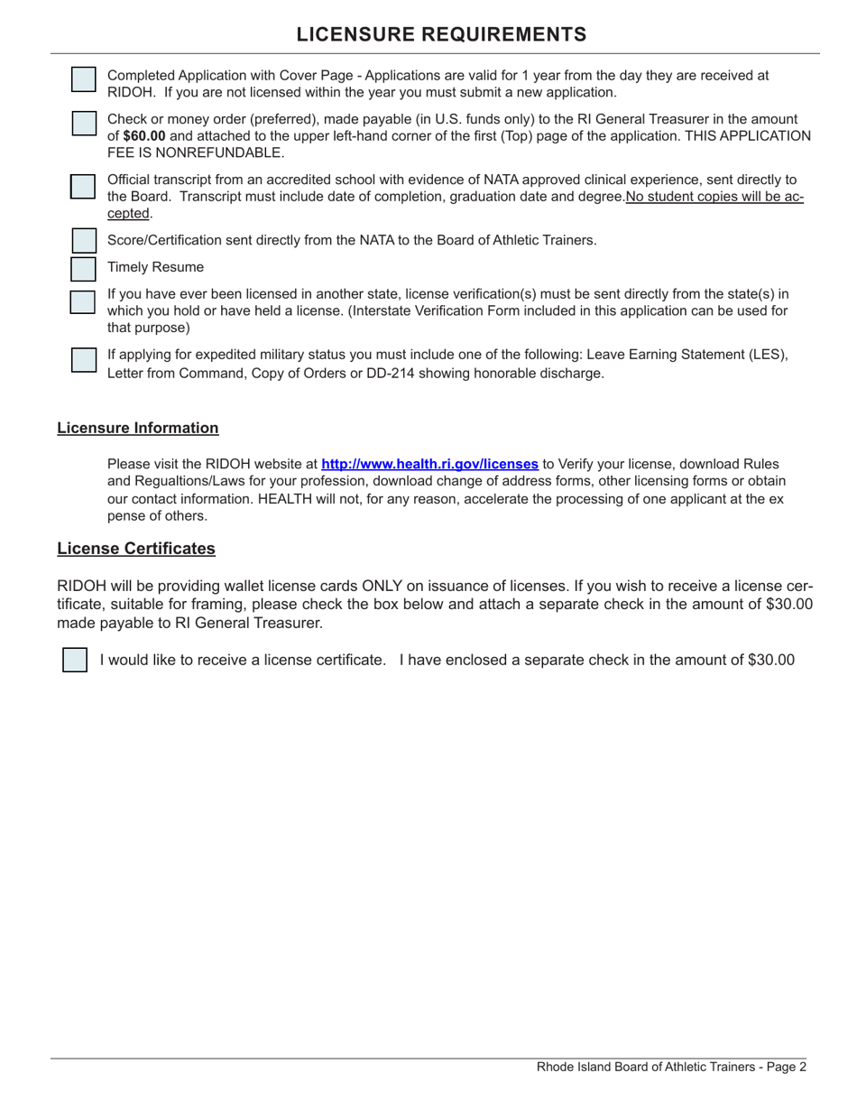 Application for License as an Athletic Trainer by Examination: (Nata) National Athletic Training Association - Rhode Island, Page 2