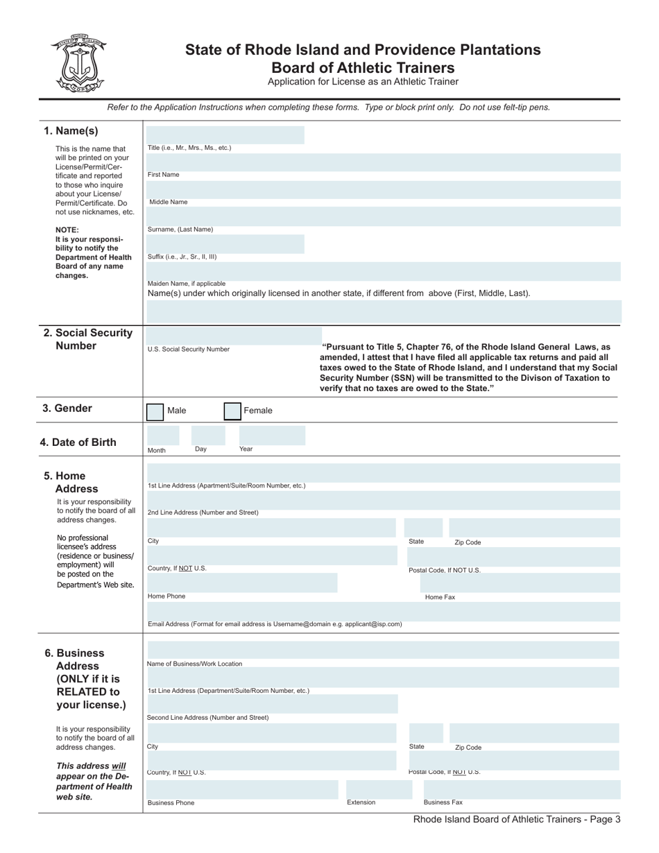 Application for License as an Athletic Trainer by Examination: (Nata) National Athletic Training Association - Rhode Island, Page 3