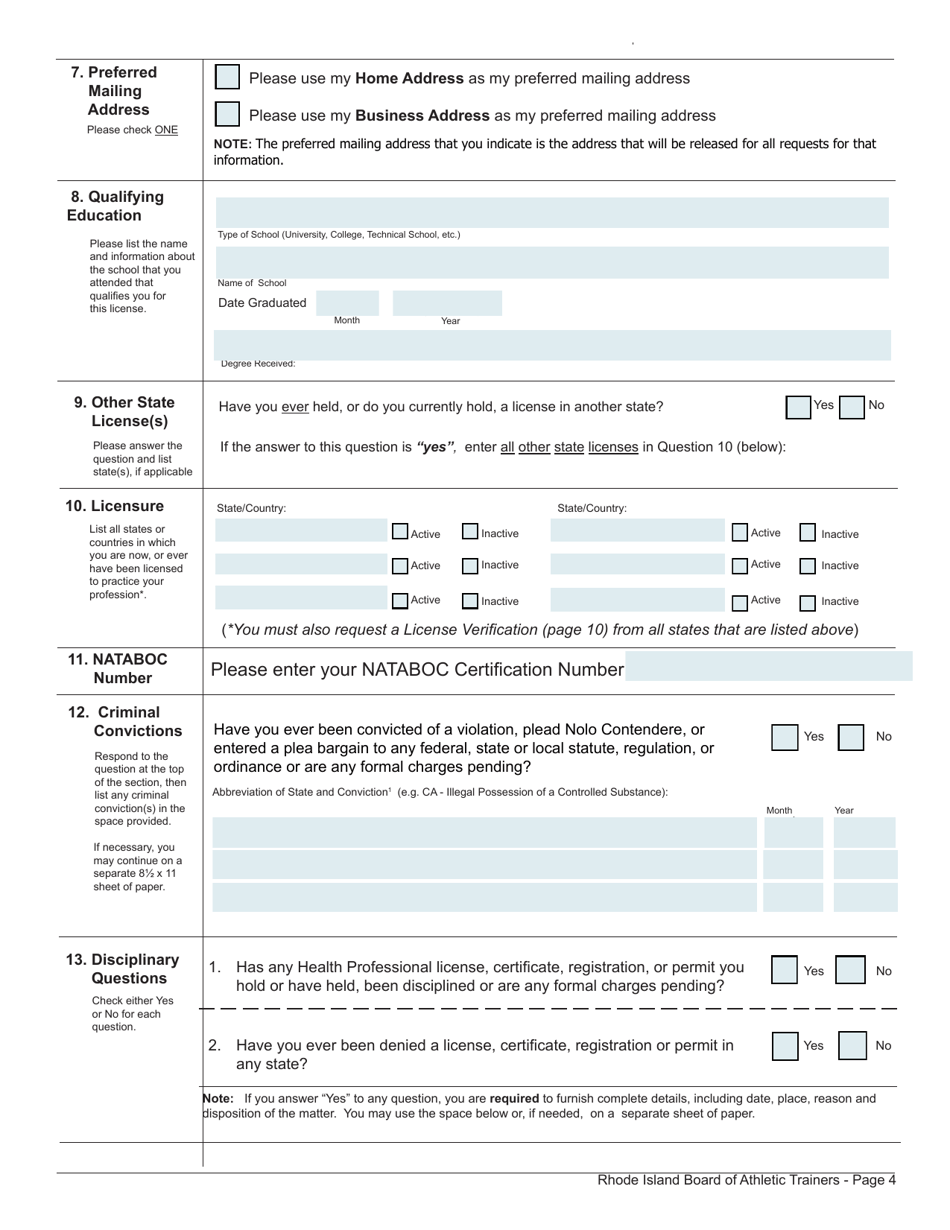 Application for License as an Athletic Trainer by Examination: (Nata) National Athletic Training Association - Rhode Island, Page 4