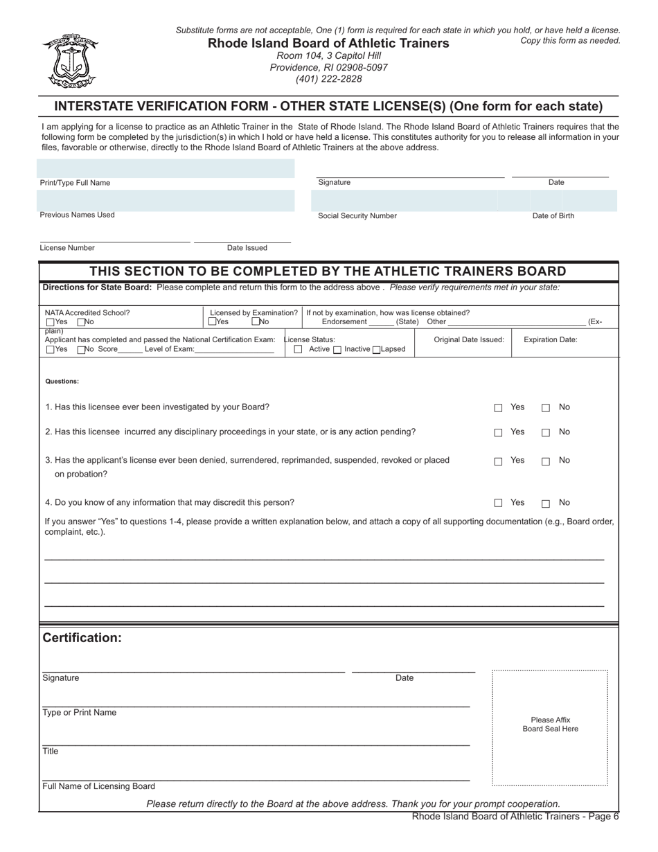 Application for License as an Athletic Trainer by Examination: (Nata) National Athletic Training Association - Rhode Island, Page 6