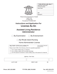 Document preview: Application for License as an Assisted Living Residence Administrator - Rhode Island