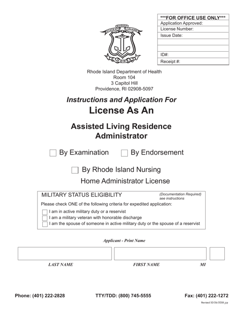 Application for License as an Assisted Living Residence Administrator - Rhode Island Download Pdf