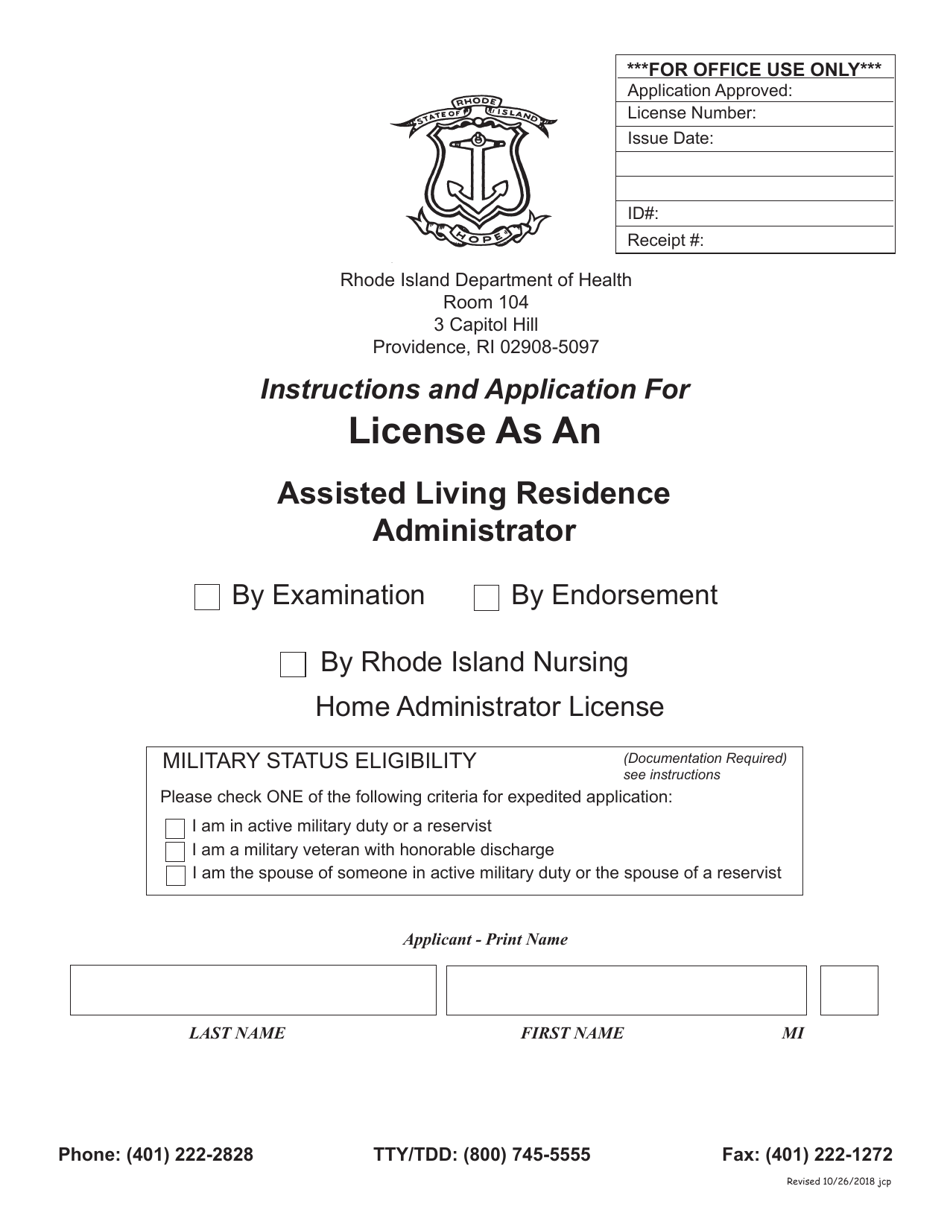 Application for License as an Assisted Living Residence Administrator - Rhode Island, Page 1