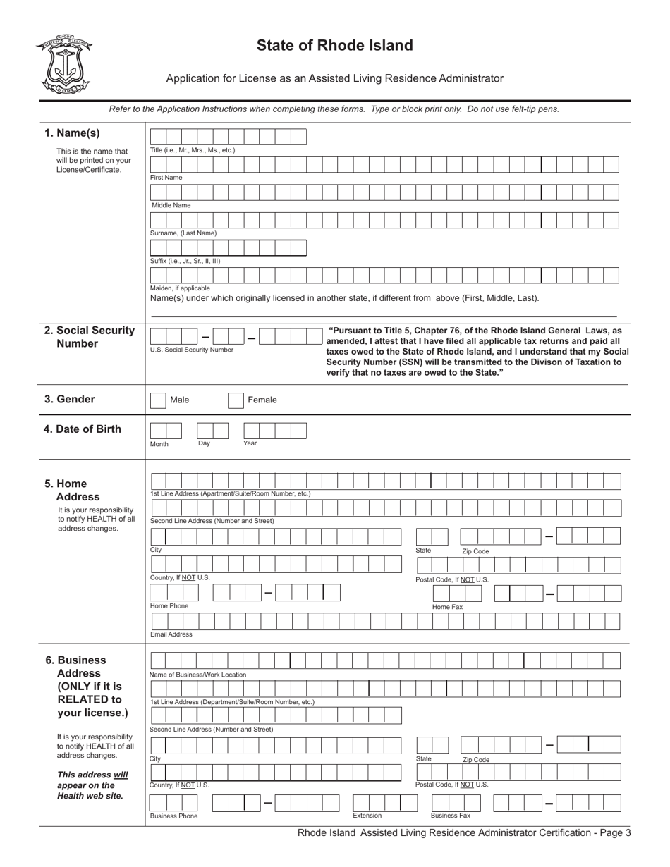 Application for License as an Assisted Living Residence Administrator - Rhode Island, Page 3