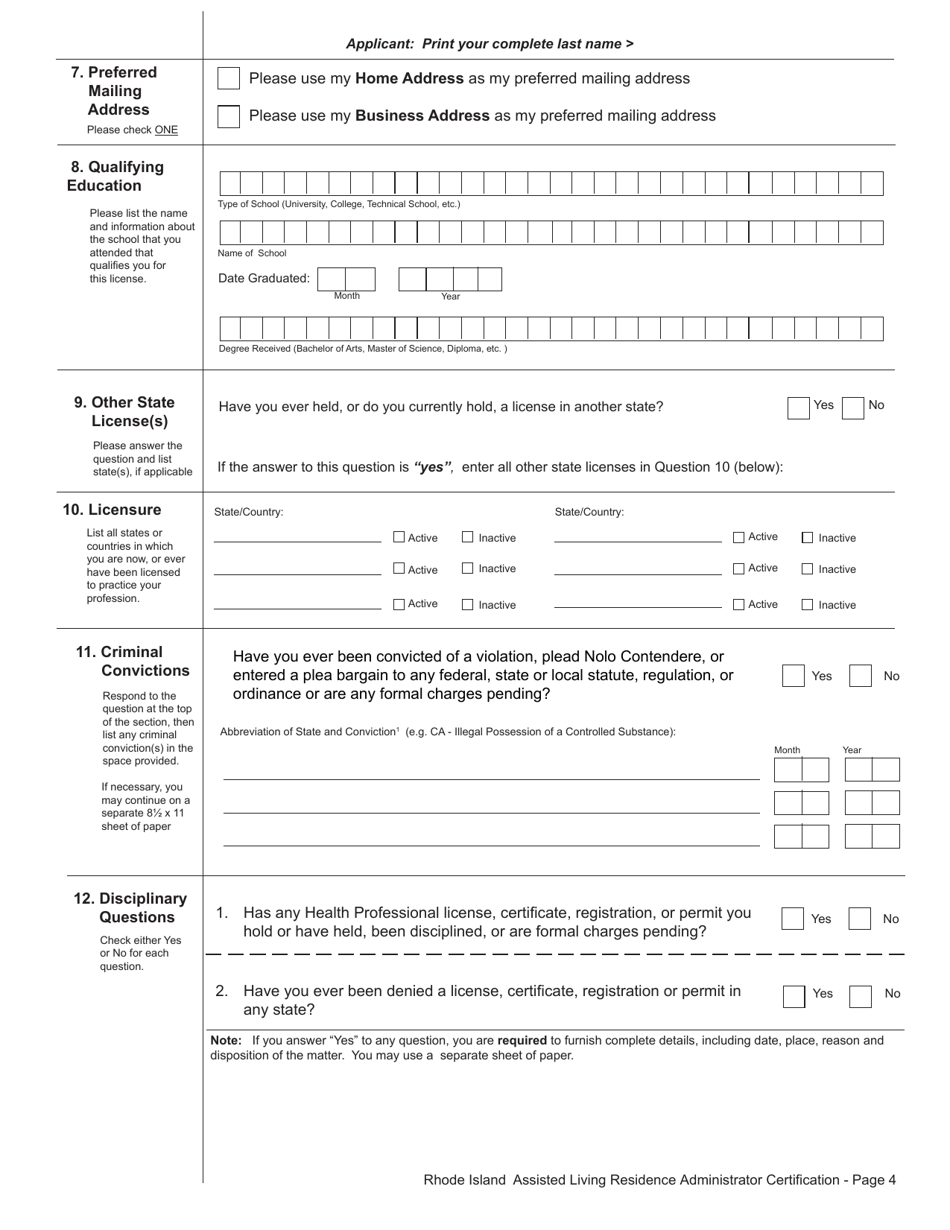 Application for License as an Assisted Living Residence Administrator - Rhode Island, Page 4