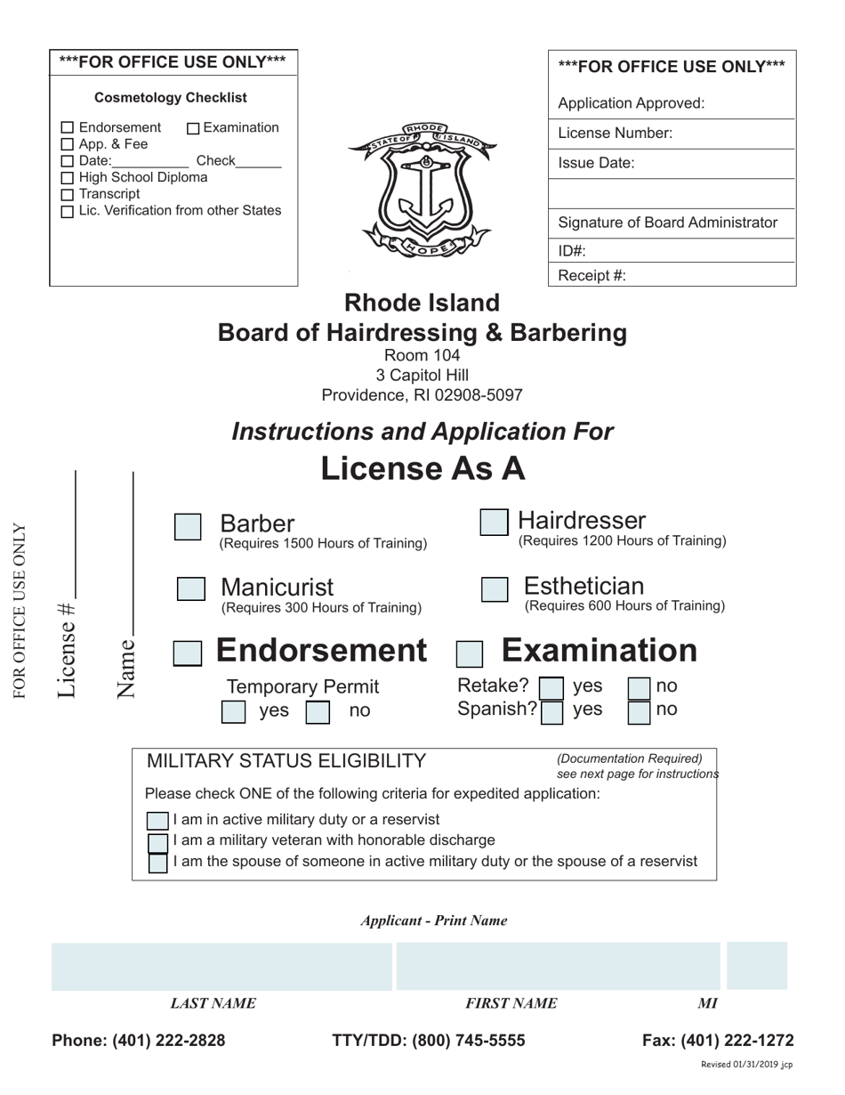 Rhode Island Application for License as a Hairdresser/Barber/Manicurist