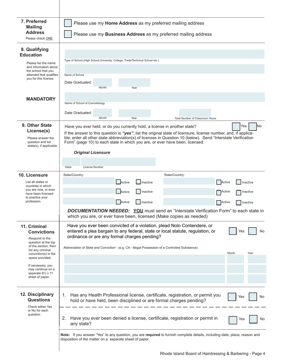 Application for License as a Hairdresser / Barber / Manicurist / Esthetician / Instructor - Rhode Island, Page 4