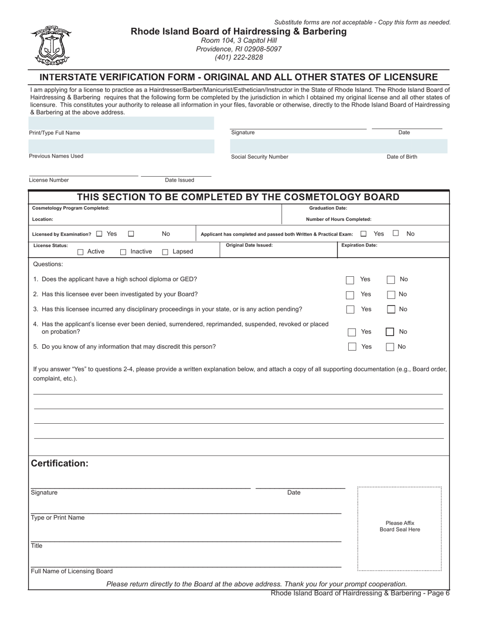 Application for License as a Hairdresser / Barber / Manicurist / Esthetician / Instructor - Rhode Island, Page 6