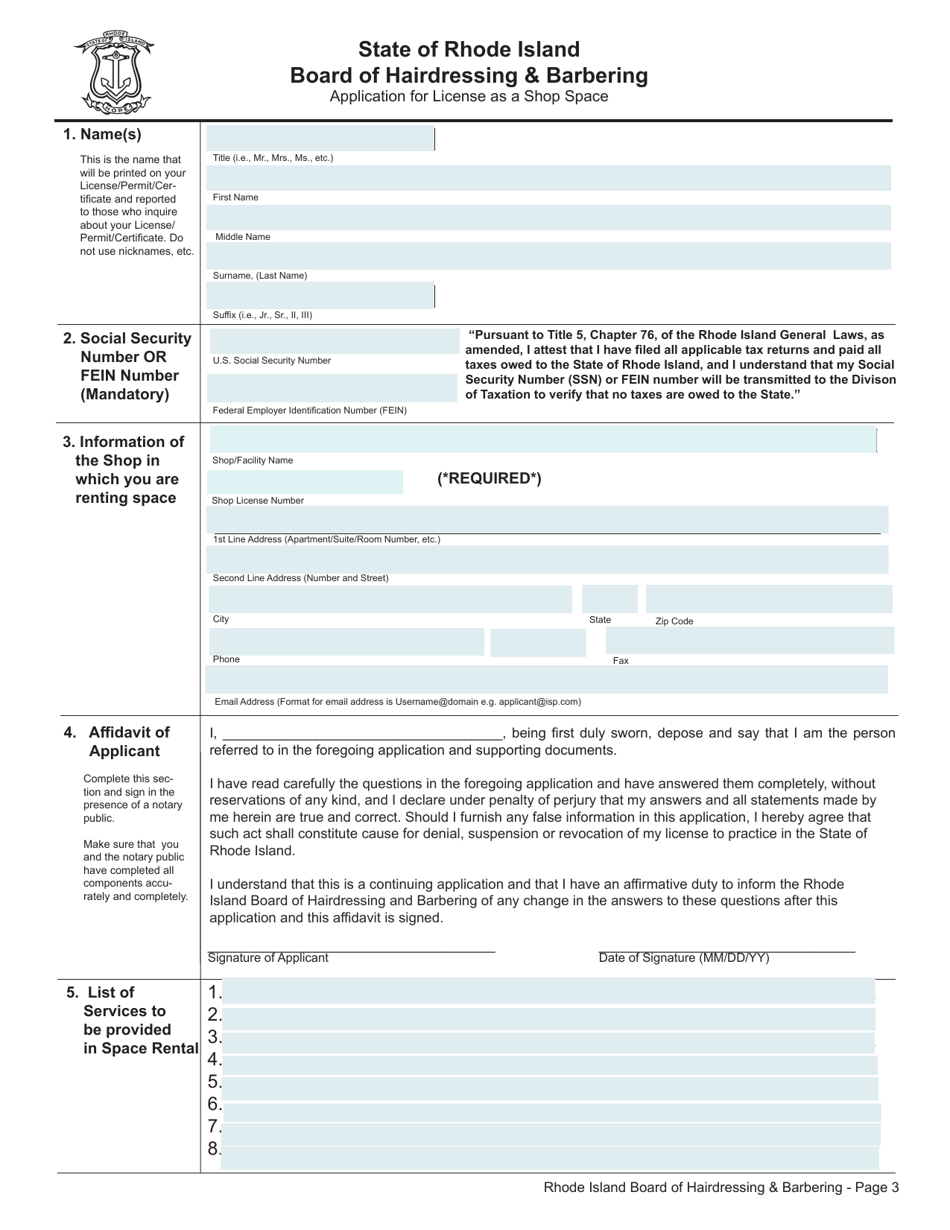 Application for License as a Shop Space - Rhode Island, Page 3