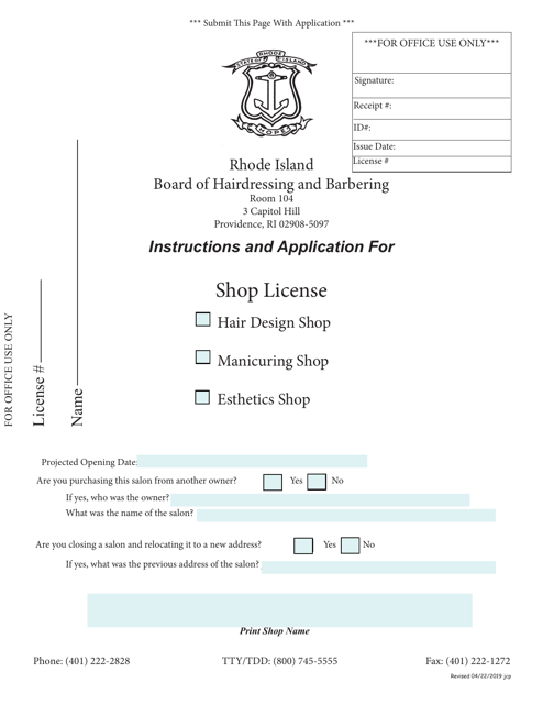 Application for Shop License - Rhode Island Download Pdf