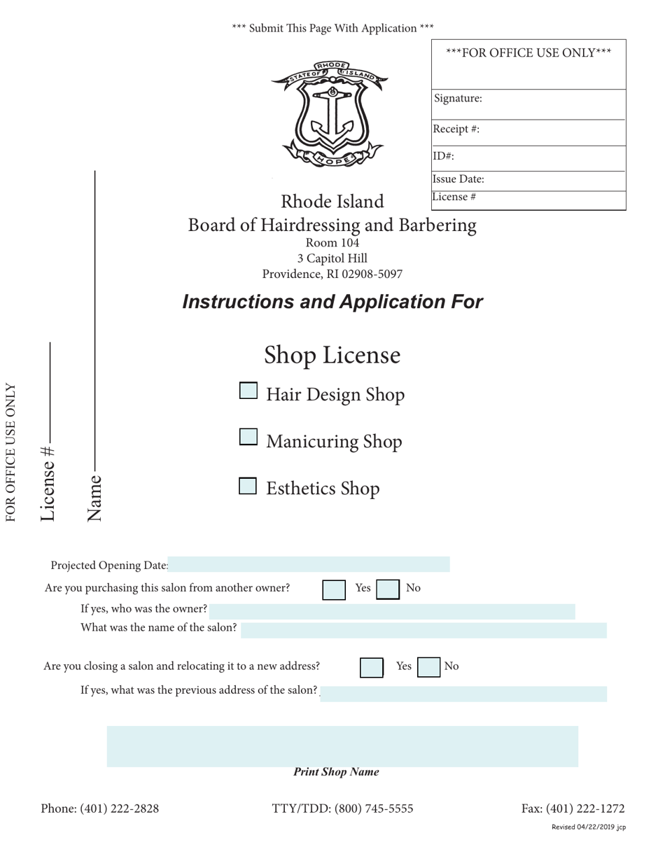 Application for Shop License - Rhode Island, Page 1
