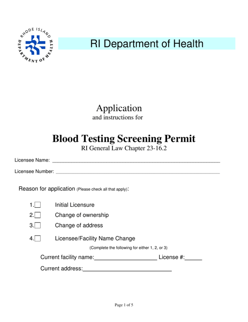 Application for Blood Testing Screening Permit - Rhode Island Download Pdf