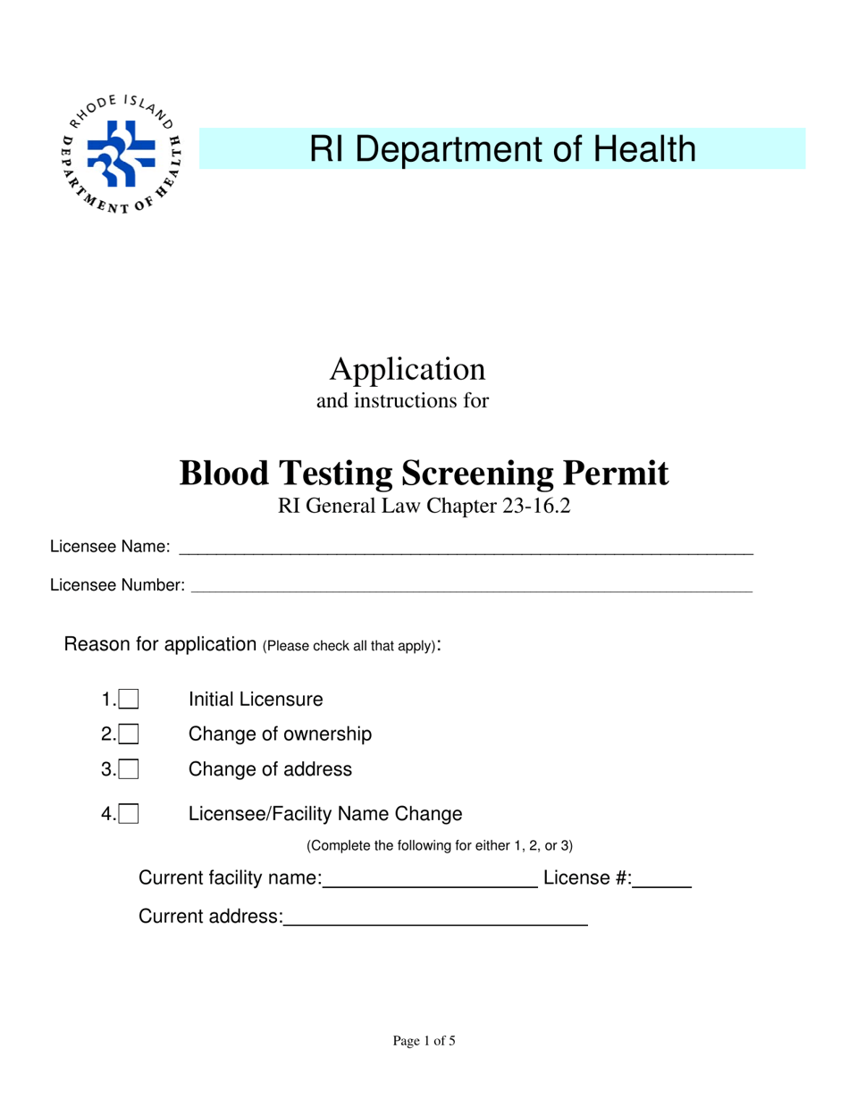 Application for Blood Testing Screening Permit - Rhode Island, Page 1