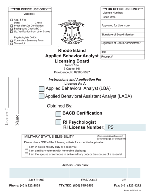 Application for License as a Applied Behavioral Analyst (Lba) / Applied Behavioral Assistant Analyst (Laba) - Rhode Island Download Pdf