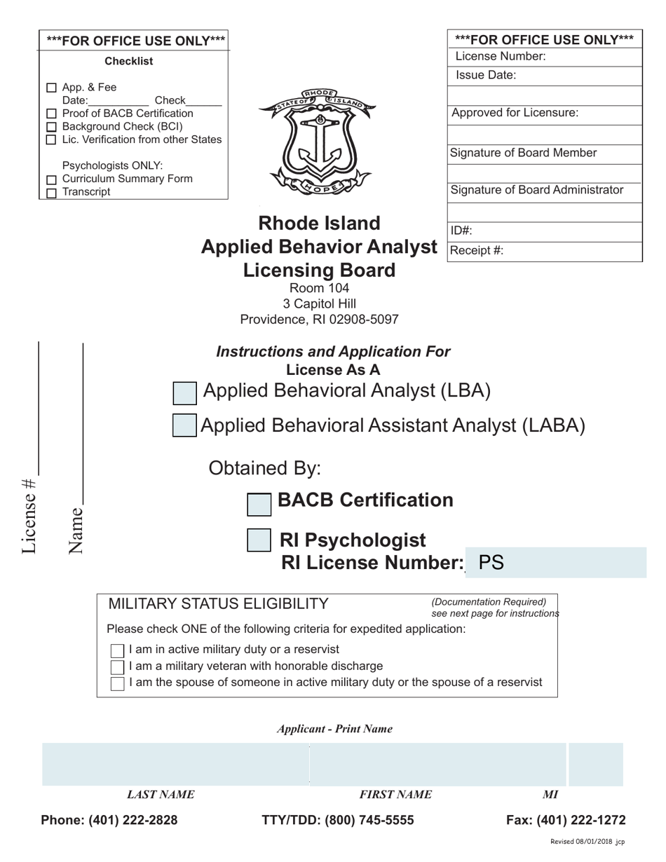 Application for License as a Applied Behavioral Analyst (Lba) / Applied Behavioral Assistant Analyst (Laba) - Rhode Island, Page 1