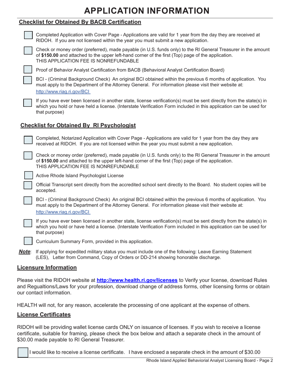 Application for License as a Applied Behavioral Analyst (Lba) / Applied Behavioral Assistant Analyst (Laba) - Rhode Island, Page 2