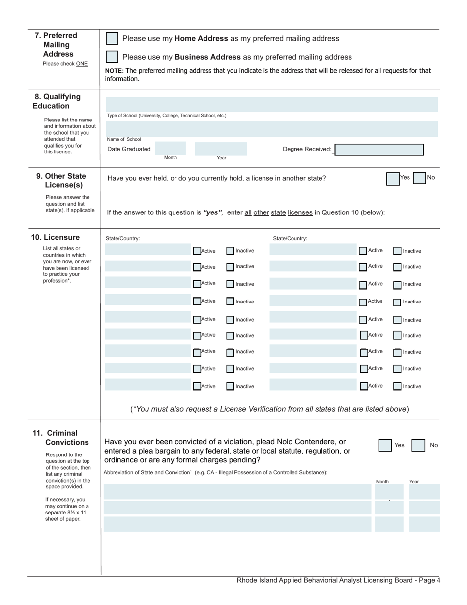 Application for License as a Applied Behavioral Analyst (Lba) / Applied Behavioral Assistant Analyst (Laba) - Rhode Island, Page 4