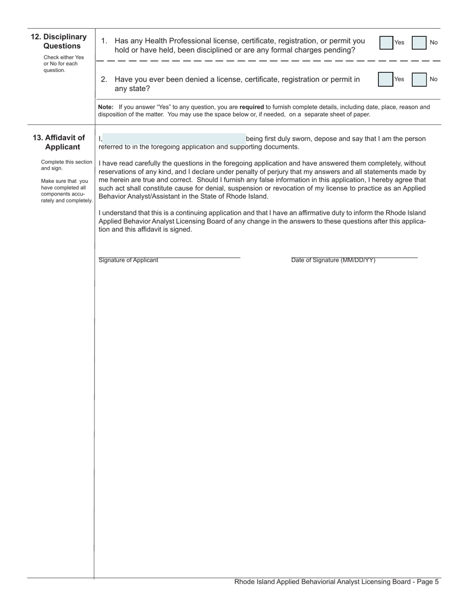 Application for License as a Applied Behavioral Analyst (Lba) / Applied Behavioral Assistant Analyst (Laba) - Rhode Island, Page 5